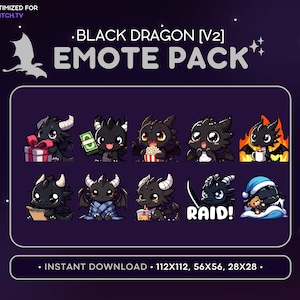 Cool Black Dragon Twitch Emote Pack [V2] - Dragon Emote Bundle, Dragon Discord Emote, Gaming, Streaming Emoji, Gift, Raid, Fire, Comfy, Boba