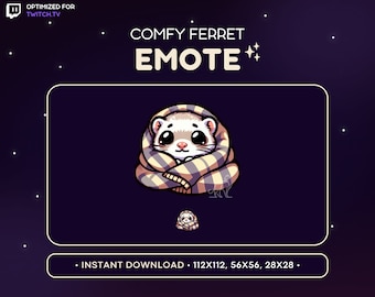 May include: A digital illustration of a cute ferret curled up in a blanket. The ferret is white with black eyes and a pink nose. The blanket is yellow and purple with a striped pattern. The text "COMFY FERRET EMOTE" is above the ferret. The text "INSTANT DOWNLOAD - 112X112, 56X56, 28X28" is below the ferret.