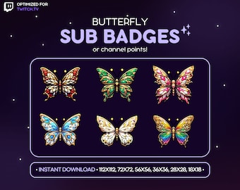 Puede incluir: Seis insignias de suscripción de mariposa coloridas para Twitch. Las insignias son de diferentes tamaños, incluyendo 112x112, 72x72, 56x56, 36x36, 28x28 y 18x18. Las insignias están diseñadas con detalles intrincados y presentan una variedad de colores, incluyendo rojo, blanco, azul, verde, rosa y amarillo.