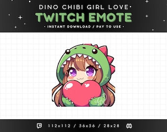 Może przedstawiać: Cyfrowa grafika przedstawiająca dziewczynę chibi w zielonej bluzie z kapturem w kształcie dinozaura, trzymającą duże różowe serce. Tekst brzmi "DINO CHIBI GIRL LOVE" i "TWITCH EMOTE", z "INSTANT DOWNLOAD / PAY TO USE". Zaprojektowany do użytku jako emotikon.