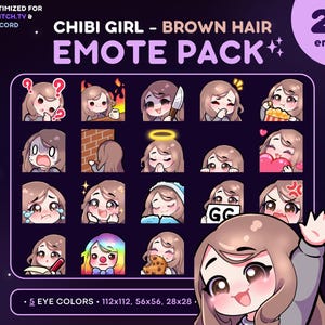 Chibi Girl Emote Pack 20x - Brown Hair Girl Twitch Emote [Fair Skin, 5 Eye Colors], Streaming Assets, Wave, Love, Lurk, Notes, Knife, Mad