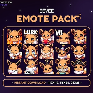 Cute Eevee Twitch Emote Pack 15x - Eevee Pokemon Emote, Gaming, Streaming Assets, Eevee Discord Emote, Love, Comfy, Raid, Mad, Cry, Wave