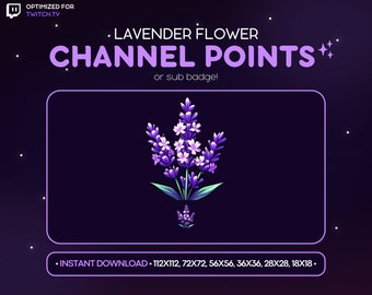 Könnte beinhalten: Lila und weiße Lavendelblütengrafik für Twitch-Kanalpunkte oder Sub-Badges. Die Grafik ist in verschiedenen Größen verfügbar: 112x112, 72x72, 56x56, 36x36, 28x28 und 18x18.