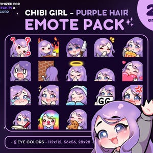 Paquete de 20 gestos de chica chibi: gesto de Twitch de chica de cabello morado [piel clara, 5 colores de ojos], recursos de transmisión, onda, amor, acecho, notas, cuchillo, enfado