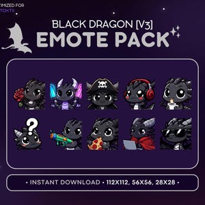 Cool Black Dragon Twitch Emote Pack [V3] - Dragon Emote Bundle, Dragon Discord Emote, Gaming, Streaming Emoji, Comfy, Coffee, Glowsticks
