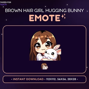 Brown Hair Chibi Girl Twitch Emote, Hugging Bunny, Kawaii Anime, Bunny Girl Twitch Emote, Cute Animal Emote, Streaming Gaming Discord Emote