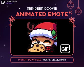 Könnte beinhalten: Animierter "Reindeer Cookie" Emote für Twitch.tv. Ein Cartoon-Rentier mit Weihnachtsmütze und Schal, das in einen Keks beißt. Der Text "ANIMATED EMOTE" und "INSTANT DOWNLOAD" ist enthalten.