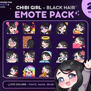 Paquete de 20 gestos de chica chibi: gesto de Twitch de chica de cabello negro [piel clara, 5 colores de ojos], recursos de transmisión, onda, amor, acecho, notas, cuchillo, enfado
