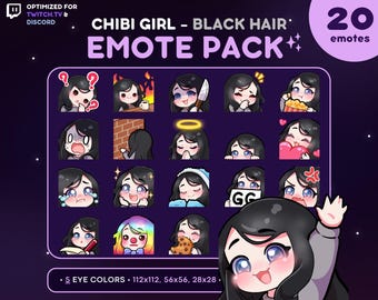 Chibi Girl Emote Pack 20x - Black Hair Girl Twitch Emote [Fair Skin, 5 Eye Colors], Streaming Assets, Wave, Love, Lurk, Notes, Knife, Mad
