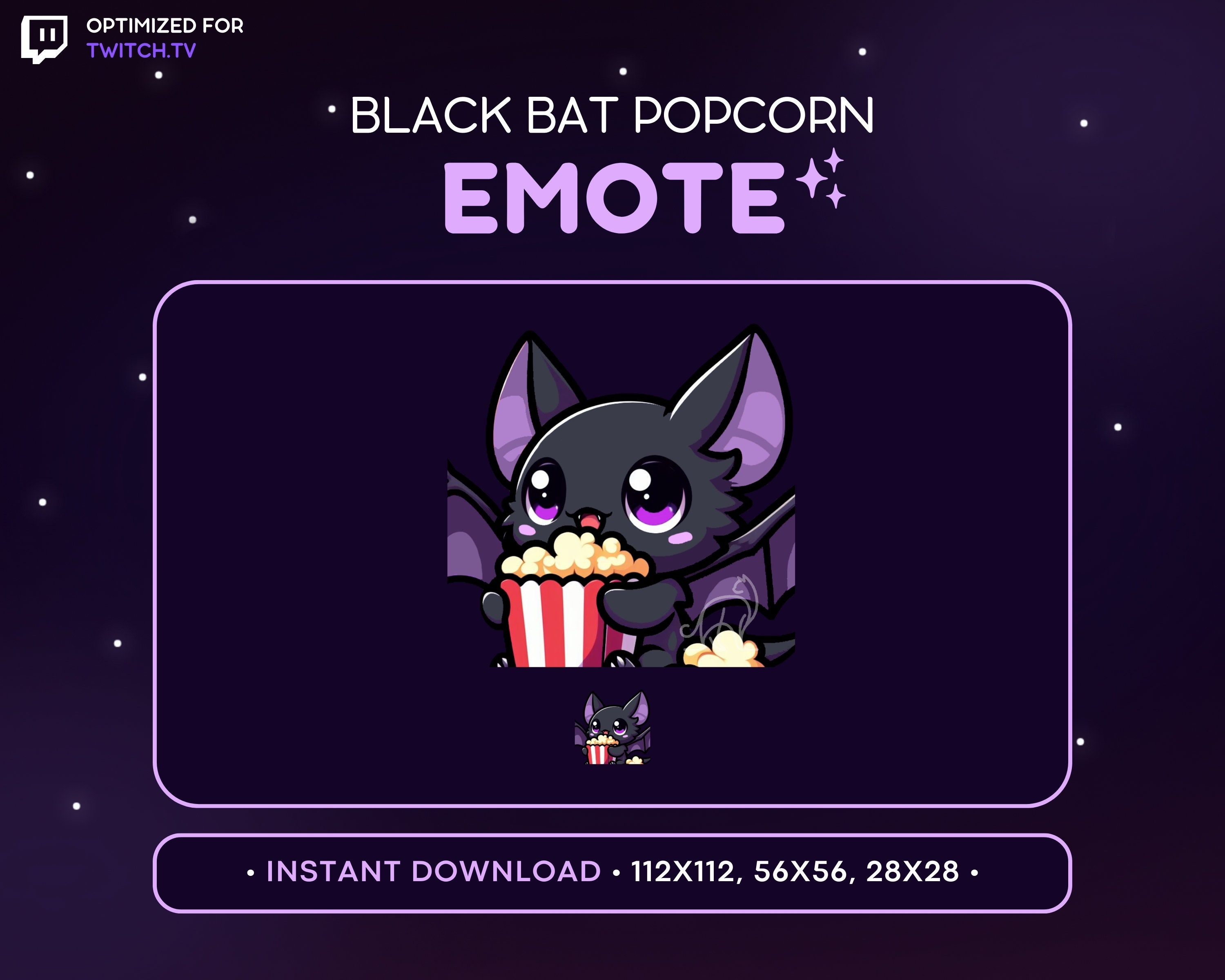 Cute Bat Twitch Emote - Popcorn Bat Emote, Bat Discord Emote, Gaming, Streaming, Emoji, Kawaii, Adorable, Food, Night, Sky, Black Bat, Movie