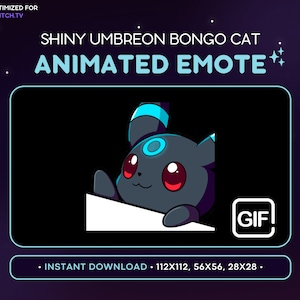May include: Animated GIF emote featuring a shiny Umbreon Pokemon with a blue and black color scheme. The Pokemon is peeking out from behind a white surface. The text "GIF" is in a white box with a black outline. The text "INSTANT DOWNLOAD - 112X112, 56X56, 28X28." is in a blue box with a white outline.