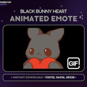 ANIMATED Black Bunny Love Emote - Cute Animated Bunny Discord Emote, Streaming Assets, Gaming, Emoji, Sticker, GIF, Funny, Heart Hug, Meme