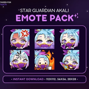 Star Guardian Akali Twitch Emote Pack 6x - Akali League of Legends, Akali Discord Emote, Streaming Asset, Gamer Girl, Sticker Emoji, Mad, Hi