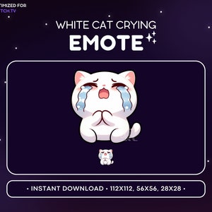 Lindo emoticono de gato blanco llorando para Twitch: emoticono de gato triste, emoticono de gato en Discord, juegos, streaming, emoji, adorable kawaii, lágrimas, decepción