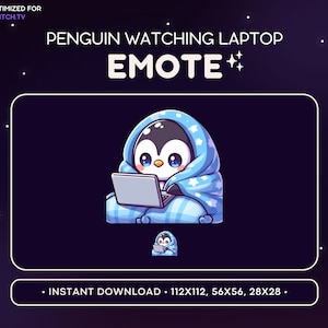 Puede incluir: Un pingüino de dibujos animados con una manta azul está sentado en una cama y usando una computadora portátil. El pingüino tiene una barriga blanca y ojos negros. El texto "PENGUIN WATCHING LAPTOP EMOTE" está por encima del pingüino.