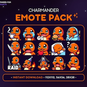 May include: A set of 12 animated Twitch emotes featuring a cartoon Charmander character in various poses and expressions. The emotes are optimized for Twitch.TV and include sizes 112x112, 56x56, and 28x28.