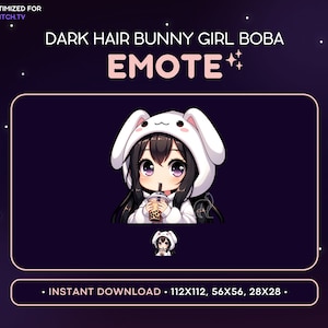 ちびガール Twitch エモート、黒髪バニーガール、かわいいアニメ エモート、ゲーマーガール バブルティー、ボバガール エモート、ストリーミング、ゲーム、Discord エモート