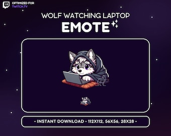May include: A cartoon wolf wearing a grey hooded blanket is sitting on a pillow and using a laptop. The wolf has purple eyes and a pink nose. The background is a dark blue with white stars. The text "WOLF WATCHING LAPTOP EMOTE+ " is at the top of the image. The text "• INSTANT DOWNLOAD • 112X112, 56X56, 28X28 •" is at the bottom of the image.