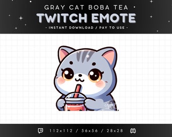 Cute Gray Cat Twitch Emote - Bubble Tea Cat Emote, Grey Cat Discord Emote, Gaming, Streaming, Emoji, Kawaii Adorable, Boba, Drink, Fluffy