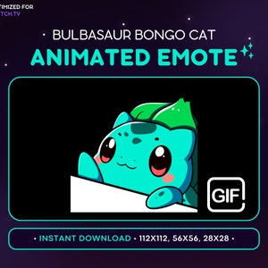 Op de afbeelding: Geanimeerde GIF-emote van een groen en blauw Bulbasaur-personage met grote ogen, die vanuit een witte oppervlakte gluurt. De tekst "BULBASAUR BONGO CAT ANIMATED EMOTE" staat boven het personage, en "GIF" staat in een wit vakje onder het personage. De tekst "INSTANT DOWNLOAD - 112X112, 56X56, 28X28" staat onder het GIF-vakje.