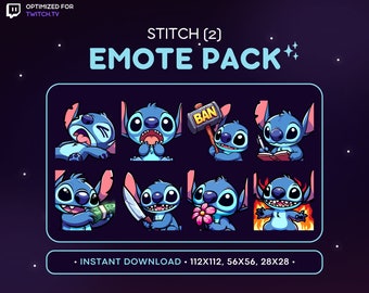 Stitch Twitch Emote Paket 8x V2 - Stitch Discord Emote, Stitch Tracking, Stitch Messer, Ban, Feuer, Blume, Gaming, Emoji, PNG Aufkleber