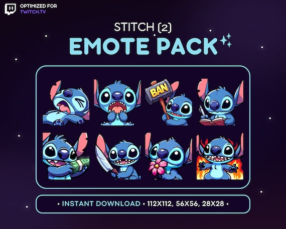 Stitch Twitch Emote Pack 8x V2 - Stitch Discord Emote, Stitch Streaming Assets, Stitch Knife, Ban, Fire, Flower, Gaming, Emoji, PNG Sticker