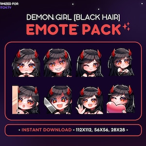 Demon Girl Twitch Emote Pack 8x - Black Hair Evil Succubus Girl, Kawaii Anime Emote, Devil Emote, Streaming, Discord Emote, Knife, Horns