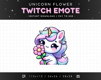 Cute Unicorn Twitch Emote - Holding Flower Unicorn Emote, Unicorn Discord Emote, Gaming, Streaming, Emoji, Kawaii Adorable, Gift, Love, Shy