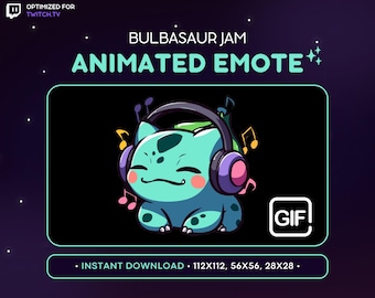 Animiertes Bisasam-Twitch-Emote – Kopfhörer-Bisasam-Pokémon-Emote, Bisasam-Discord, Streaming, Kawaii-Emoji, Musik, Jam, Vibe, Headset