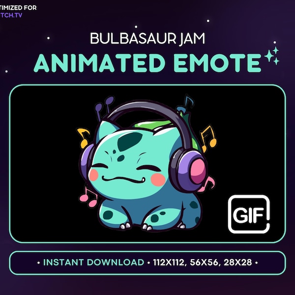 Gesto de Twitch de Bulbasaur animado: Auriculares, Gesto de Bulbasaur Pokémon, Discord de Bulbasaur, Transmisión, Emoji Kawaii, Música, Música, Ambiente, Auriculares