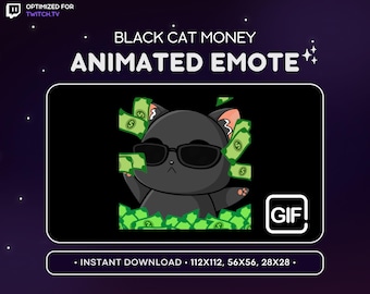 Emote de dinero de gato negro animado: lindo emote de gato animado de Discord, GIF divertido de emoji de juegos para streaming, lanzamiento de dólar, donación