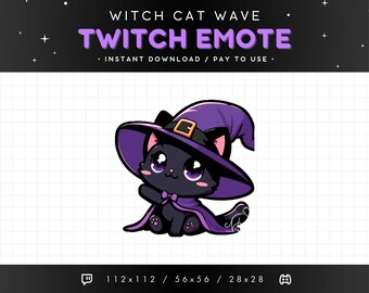 Cute Witch Black Cat Twitch Emote - Witch Cat Wave Emote, Cat Discord Emote, Gaming, Streaming, Emoji, Kawaii Adorable, Magic, Fantasy