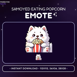 Cute Samoyed Twitch Emote - Popcorn White Dog Emote, Dog Discord Emote, Gaming, Streaming, Emoji, Kawaii, Adorable, Puppy, Movie Night Drama