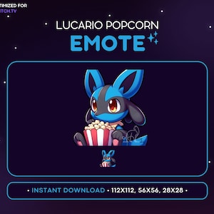Può includere: Un personaggio dei cartoni animati blu e nero che tiene un secchiello di popcorn rosso e bianco. Il personaggio è un Pokémon chiamato Lucario. Il testo "LUCARIO POPCORN EMOTE" è sopra il personaggio. Il testo "INSTANT DOWNLOAD - 112X112, 56X56, 28X28" è sotto il personaggio.
