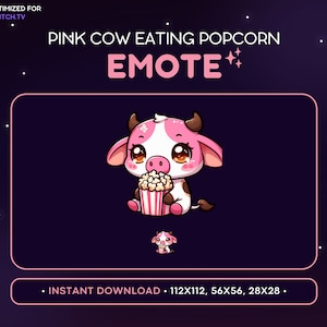 Cute Pink Patchy Cow Twitch Emote - Eating Popcorn Cow Emote, Cow Discord Emote, Gaming, Streaming, Emoji, Kawaii Adorable, Drama