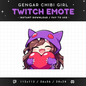 Cute Gengar Girl Twitch Emote, Pokemon Chibi Girl, Kawaii Anime Emote, Gamer Girl Love, Heart Emote, Streaming, Gaming, Discord Emote, Egirl
