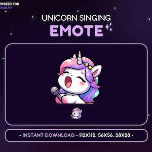 May include: A cartoon unicorn with a pink and purple mane sings into a microphone. The unicorn has a pink and white body, a gold horn, and a gold star on its forehead. The text "UNICORN SINGING EMOTE" is above the unicorn. The text "INSTANT DOWNLOAD - 112X112, 56X56, 28X28." is below the unicorn.