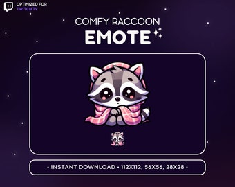 Pode incluir: Um guaxinim de desenho animado vestindo um cobertor rosa e branco, com o texto "COMFY RACCOON EMOTE" acima. A imagem é otimizada para Twitch.TV e inclui o texto "INSTANT DOWNLOAD - 112X112, 56X56, 28X28."