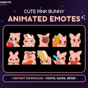 ANIMATED Pink Bunny Emote Pack 10x - Cute Animated Bunny Discord Emote, Streaming Assets, Gaming, Emoji, Sticker, GIF Funny, Meme, Wiggle