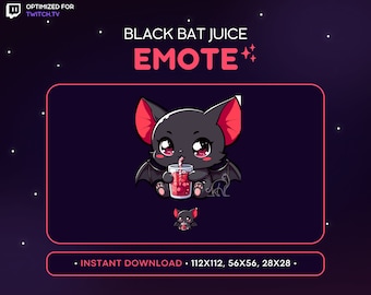 May include: A black bat cartoon character with pink ears and eyes, holding a red cup with a straw, against a dark purple background with white stars. The text "BLACK BAT JUICE EMOTE" is above the character. The text "INSTANT DOWNLOAD - 112X112, 56X56, 28X28." is below the character.