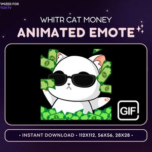 ANIMATED White Cat Money Emote - Cute Animated Cat Discord Emote, Streaming Assets Gaming Emoji Sticker GIF Funny, Throwing Dollar, Donation