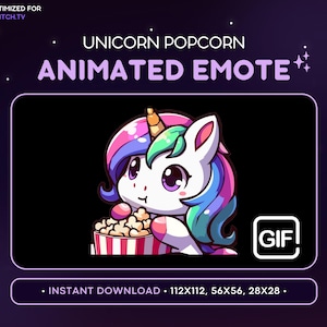Emote Twitch Unicorno ANIMATO - Emote Unicorno Mangia Popcorn, Emote Unicorno Discord, Gioco, Emoji Streaming, Kawaii Adorabile, Film Drammatico