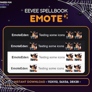 May include: A digital product image featuring Eevee Spellbook emotes for Twitch and Discord. The emotes showcase a cartoon Eevee character in a witch hat. The image includes the text "EMOTE" and "INSTANT DOWNLOAD". The background is dark purple with a spiderweb design.