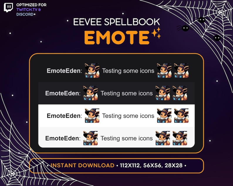May include: A digital product image featuring Eevee Spellbook emotes for Twitch and Discord. The emotes showcase a cartoon Eevee character in a witch hat. The image includes the text "EMOTE" and "INSTANT DOWNLOAD". The background is dark purple with a spiderweb design.