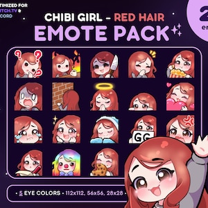 Chibi Girl Emote Pack 20x - Red Hair Girl Twitch Emote [Fair Skin, 5 Eye Colors], Streaming Assets, Wave, Love, Lurk, Notes, Knife, Mad
