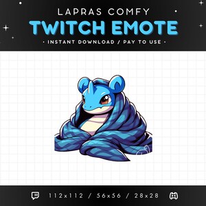 Op de afbeelding: Een blauwe en witte cartoon Lapras Pokémon gewikkeld in een blauwe en witte deken. De tekst "LAPRAS COMFY TWITCH EMOTE" staat boven de afbeelding. De tekst "INSTANT DOWNLOAD / PAY TO USE." staat onder de afbeelding. De tekst "112x112 / 56x56 / 28x28" staat onder de afbeelding.