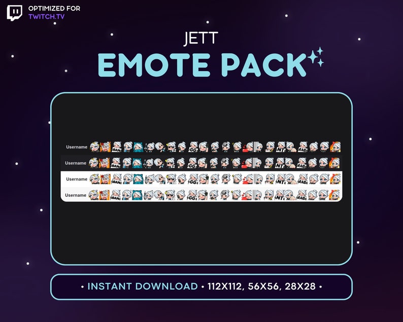 May include: A digital illustration of a character named Jett from the video game Valorant. The image shows a collection of animated emotes featuring Jett in various poses and expressions. The emotes are arranged in rows and labelled with the text "Username". The text "JETT EMOTE PACK" is displayed at the top of the image, and the text "INSTANT DOWNLOAD - 112X112, 56X56, 28X28." is displayed at the bottom of the image.