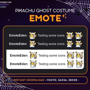 K&ouml;nnte beinhalten: Eine digitale Illustration von Pikachu, das als Geist verkleidet ist. Das Bild ist ein Satz von vier verschiedenen Gr&ouml;&szlig;en der Illustration, mit dem Text "EmoteEden: Testing some icons", der viermal wiederholt wird. Der Text "INSTANT DOWNLOAD - 112X112, 56X56, 28X28 -" befindet sich am unteren Rand des Bildes.