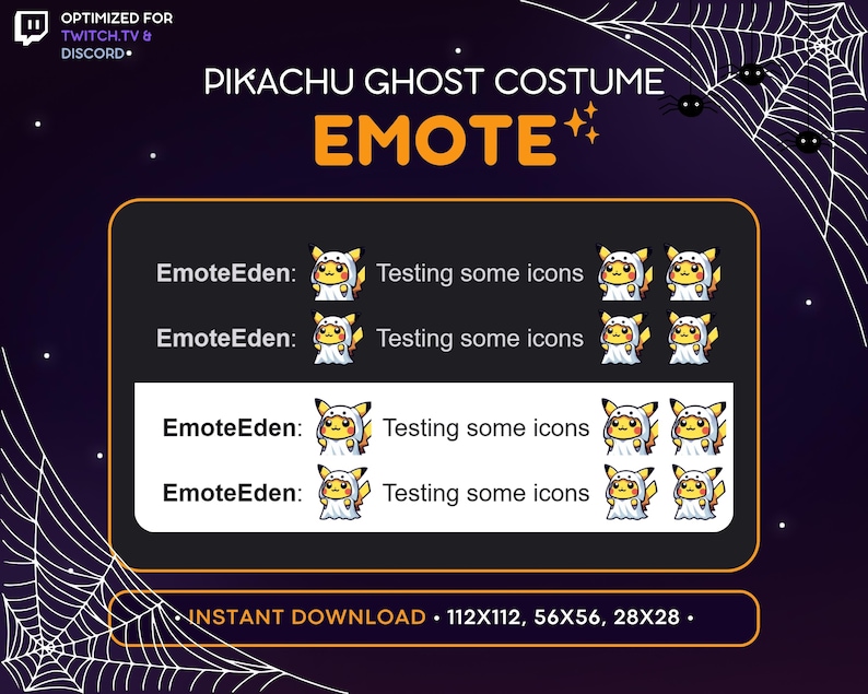 K&ouml;nnte beinhalten: Eine digitale Illustration von Pikachu, das als Geist verkleidet ist. Das Bild ist ein Satz von vier verschiedenen Gr&ouml;&szlig;en der Illustration, mit dem Text "EmoteEden: Testing some icons", der viermal wiederholt wird. Der Text "INSTANT DOWNLOAD - 112X112, 56X56, 28X28 -" befindet sich am unteren Rand des Bildes.