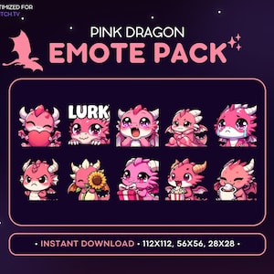 クールなピンクのドラゴンTwitchエモートパック - ドラゴンエモートバンドル、ドラゴンDiscordエモート、ゲーム、ストリーミング、絵文字、かわいい、ブランケット、手を振る、泣く、潜む